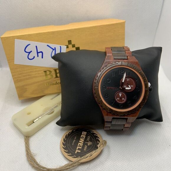 BEWELL W154A Men's Red/Black Sandalwood Analog Dial Quartz Wrist Watch YR43 - Picture 1 of 11